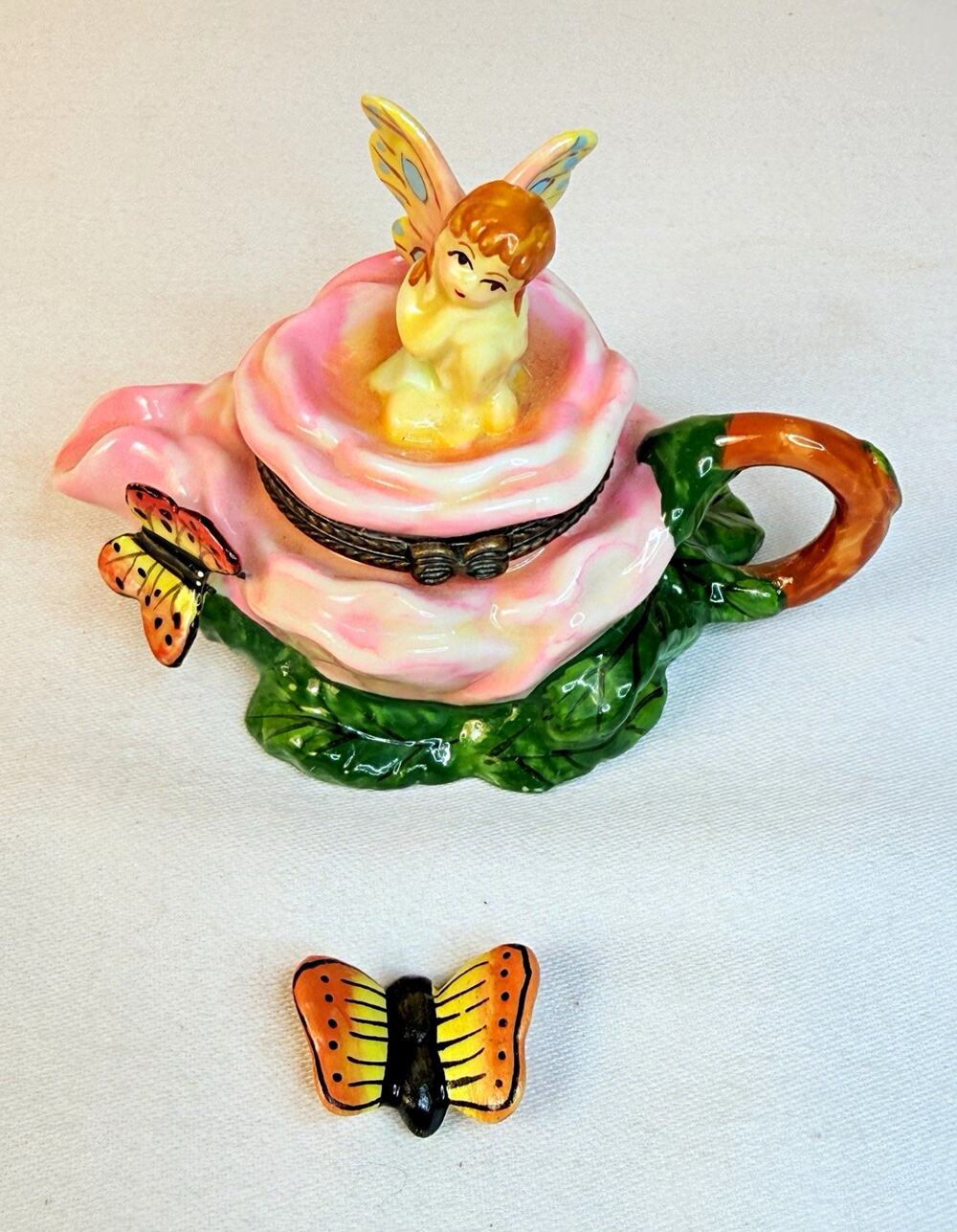 Pink Rose Teacup Fairy Hinged Trinket Box w/ Butterfly Accent